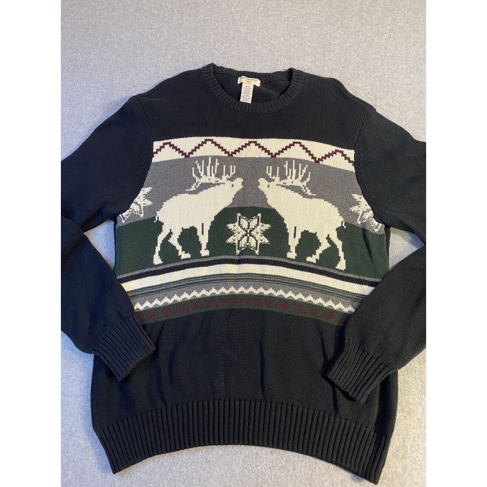 Dockers Sweater Men Large Black Crew Neck Heavy Knit Nordic Moose Lodge Camp Ski